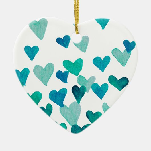 バレンタインデー水彩ハート-ターコイズ セラミックオーナメント (正面)
