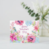 バレンタインデー水彩ヴィンテージ花，鳥 ポストカード (スタンド正面)