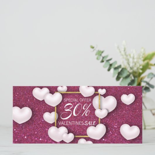 バレンタインデー白ハートグリッター割引カード (スタンド正面)