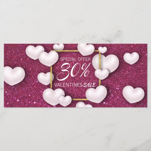 バレンタインデー白ハートグリッター割引カード (正面)