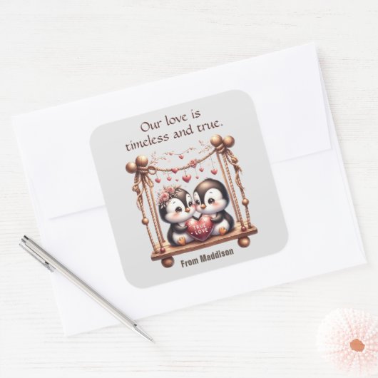 バレンタインデー真の愛ペンギンをスイング スクエアシール (封筒)