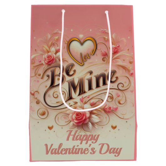 バレンタインデー私のデザインとハート、引用文 ミディアムペーパーバッグ (裏面)