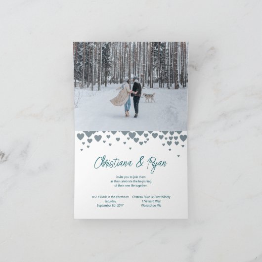 バレンタインデー結婚をテーマにしたティール（緑がかった色）グリーングレーハート 招待状 (内部)