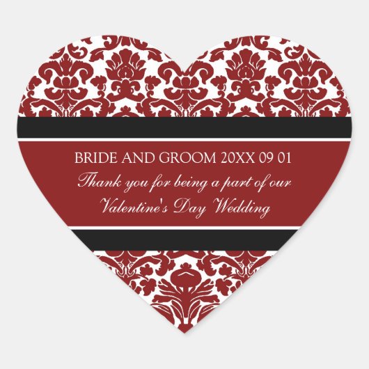 バレンタインデー結婚式の引き出物ラベルレッドダマスク ハートシール (正面)