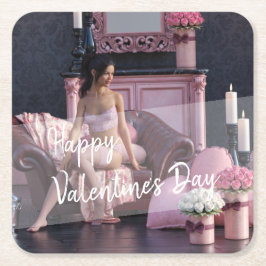 バレンタインデー美しいインランジェリーオンザソファ スクエアペーパーコースター
