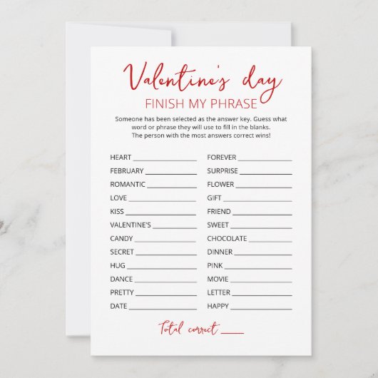 バレンタインデー自分のフレーズを終了するパーティーゲームカード 招待状 (正面)