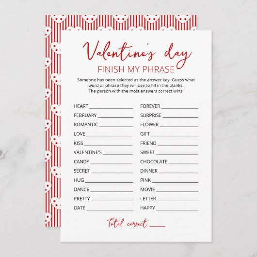 バレンタインデー自分のフレーズを終了するパーティーゲームカード 招待状 (正面/裏面)
