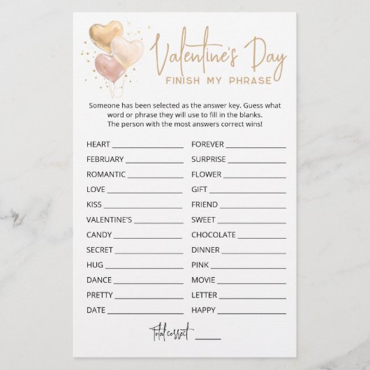 バレンタインデー自分のフレーズを終了する編集可能ゲーム (正面)
