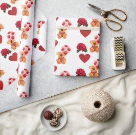 バレンタインデー赤いハートテディベアクラフト ラッピングペーパー