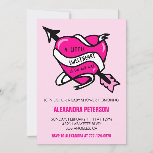 バレンタインデー赤ちゃんシャワーピンクハート矢印 招待状 (正面)