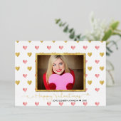 バレンタインデー金ゴールドピンクグリッターハート 箔シーズンカード (立ち正面)