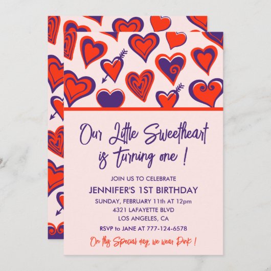 バレンタインデー1歳の誕生日招待状スウィートアート 招待状 (正面/裏面)