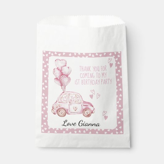 バレンタインデー1th誕生日ピンクバルーンと車 フェイバーバッグ (正面)