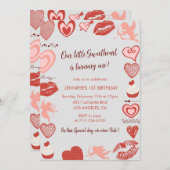 バレンタインデー1th誕生日ピンクレッドグレー 招待状 (正面/裏面)