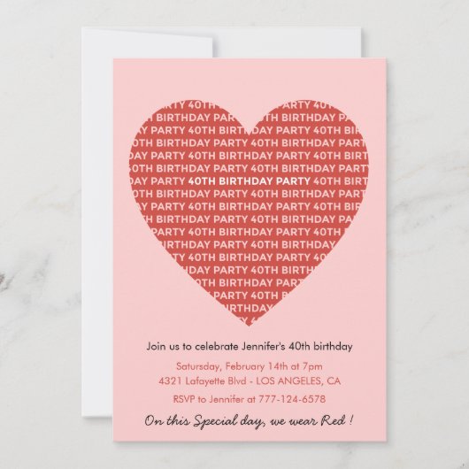 バレンタインデー40歳の誕生日タイポグラフィレッドピンク 招待状 (正面)