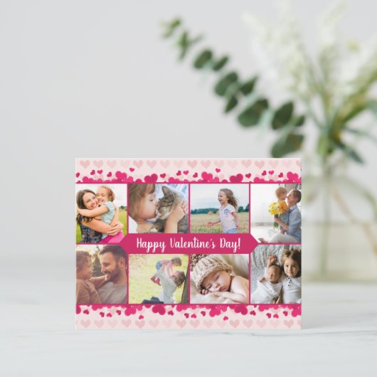 バレンタインデー8枚の写真コラージュとハート ポストカード (スタンド正面)