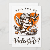 バレンタインデー かわいいオレンジ色のハートのキューピッド シーズンカード (正面/裏面)