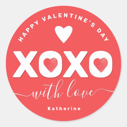バレンタインデー オーダーメイド 名前入り XOXO レッド ラウンドシール (正面)