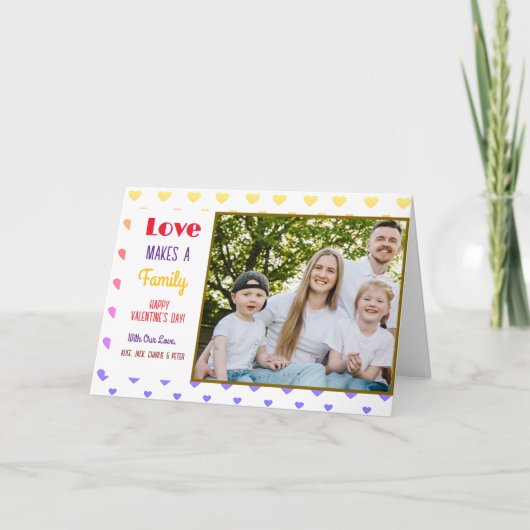 バレンタインデー カラフルハート フォト ファミリー ネーム シーズンカード (正面)