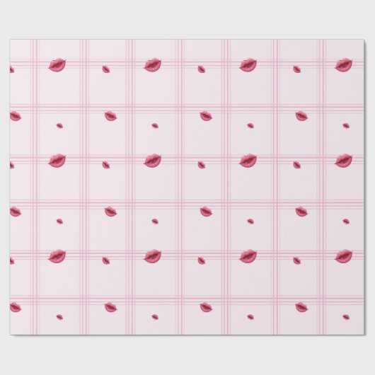 バレンタインデー、チェック柄にピンクの唇の跡 ラッピングペーパー (フラット)