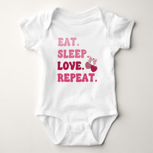 バレンタインデー チェリー ハート 食べて寝て愛して繰り返す ベビーボディスーツ (正面)