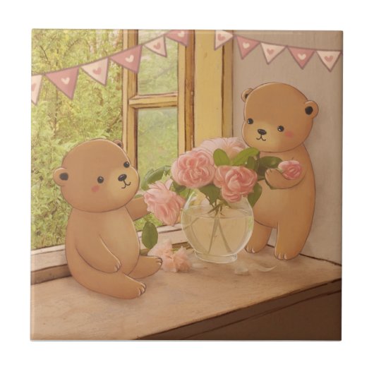 バレンタインデー: テディベアと花 タイル (正面)