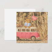 バレンタインデー: テディベア & ピンクのヴィンテージカー シーズンカード (正面/裏面)