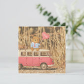 バレンタインデー: テディベア & ピンクのヴィンテージカー シーズンカード (スタンド正面)