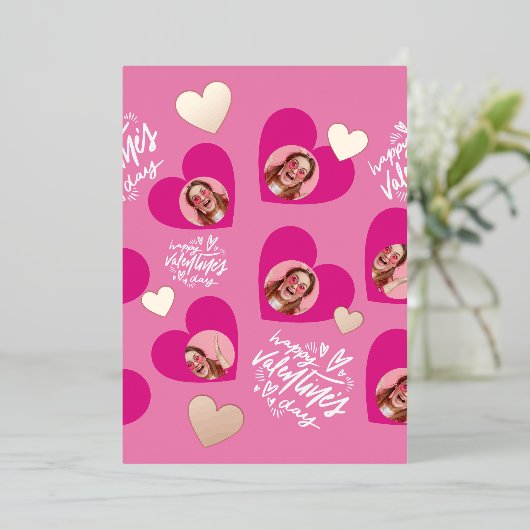 バレンタインデー ハート ホットピンク フォトコラージュ 箔シーズンカード (立ち正面)