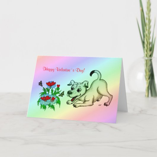 バレンタインデー，ハート，花，子犬と蝶 シーズンカード (正面)