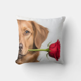 バレンタインデー バラを抱える犬の肖像画 かわいい犬 クッション