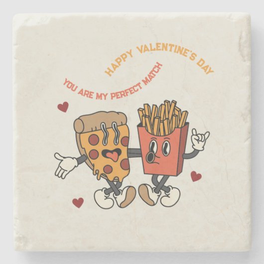バレンタインデー「ピザとフライドポテトのマッチ」 ストーンコースター (正面)