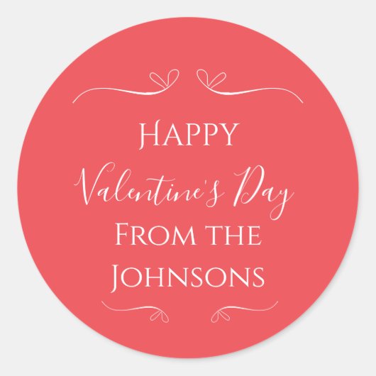 バレンタインデー ピンク 赤 家族名 ラウンドシール (正面)