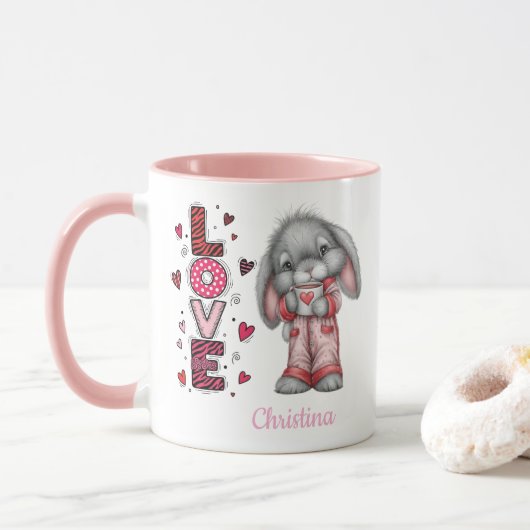 バレンタインデー モダン かわいい ウサギ 名前入り マグカップ (ドーナツ)