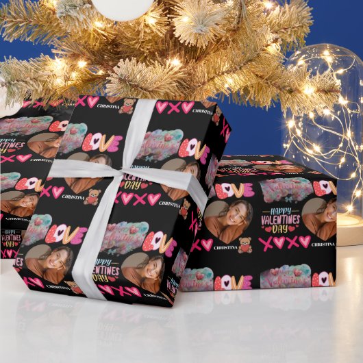 バレンタインデー モダン ハート 写真 名前 ラッピングペーパー (クリスマス)