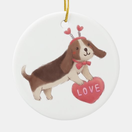 バレンタインデー+子犬 セラミックオーナメント (正面)