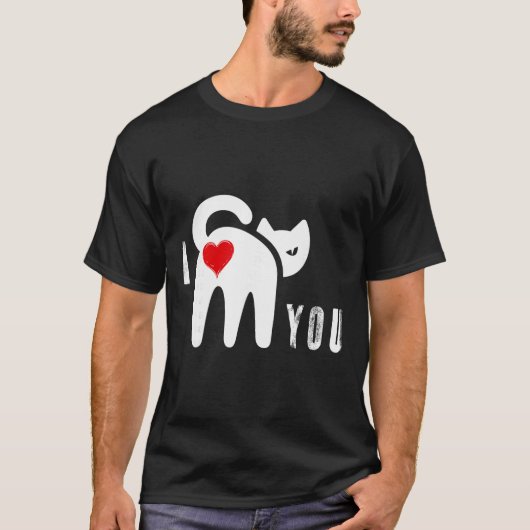 バレンタインデー 猫のお尻とハート 愛してる Tシャツ (正面)