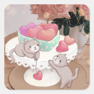 バレンタインデー:猫、ハート、クッキー、花 スクエアシール