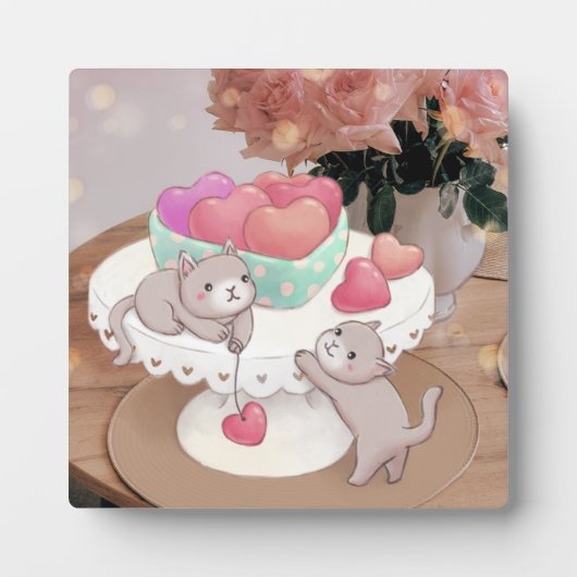 バレンタインデー：猫、ハート、クッキー、花 フォトプラーク (正面)