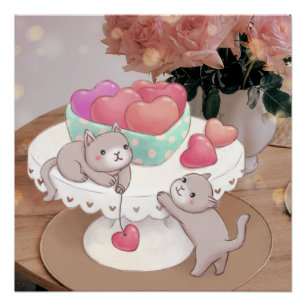 バレンタインデー:猫、ハート、クッキー、花 ポスター