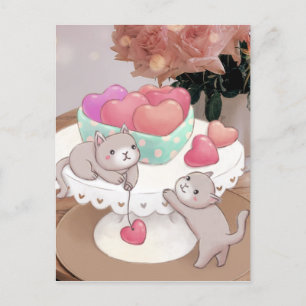 バレンタインデー:猫、ハート、クッキー、花 ポストカード