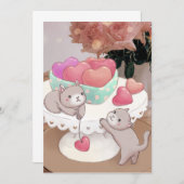 バレンタインデー：猫、ハート、クッキー、花 招待状 (正面/裏面)