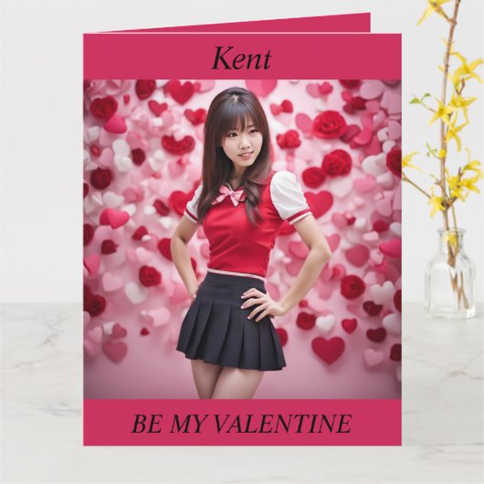 バレンタインデー 現代の日本人少女が折り紙のカードを作る カード (黄色い花)