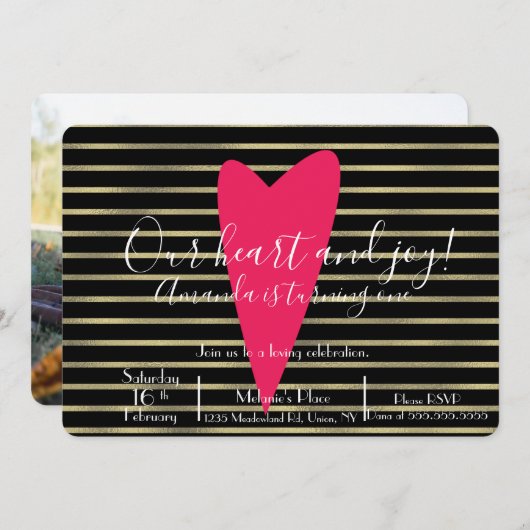 バレンタインデー 誕生日 ハート ストライプ ホイル 招待状 (正面/裏面)