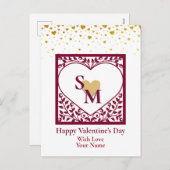 バレンタインデー(赤いイニシャルと金ゴールドハート) シーズンポストカード (正面/裏面)