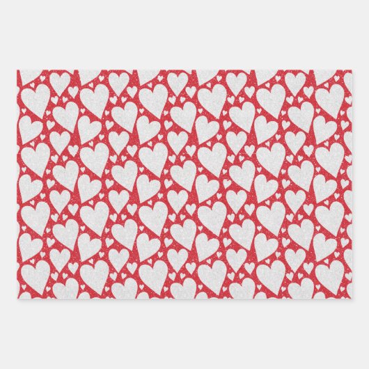 バレンタインデー 赤と白のグリッター ハート おしゃれ ラッピングペーパーシート (正面3)
