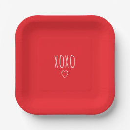 バレンタインデー 'XOXO' ボールドロマンティック赤白 ペーパープレート