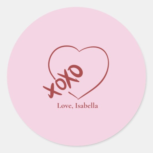 バレンタインデー XOXO 赤とピンク ラウンドシール (正面)