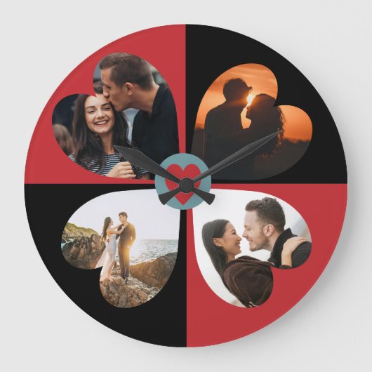 バレンタインハートの写真コラージュ ラージ壁時計 (正面)