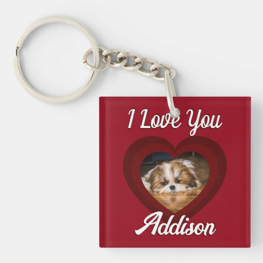 バレンタインハートカスタムの愛犬の写真名オン赤 キーホルダー (正面)